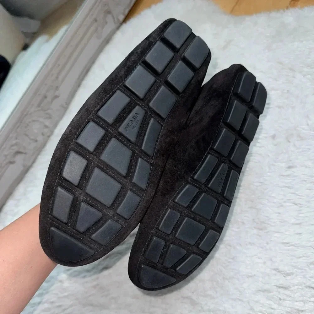 New Prada Black Suede Loafers Driving Leather Authentic Genuine Shoes Gold Logo - Picture 3 of 5
